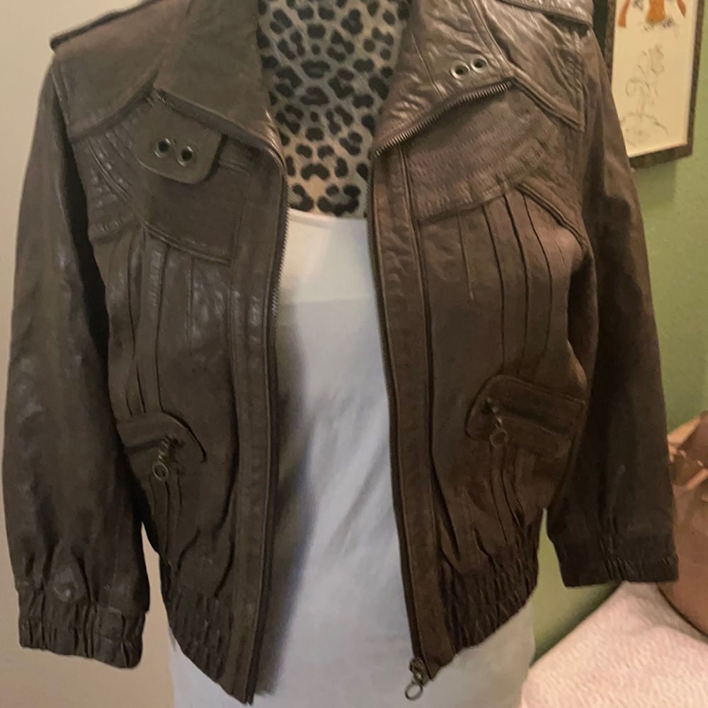 MM Couture by Miss Me brand lamb brown leather crop bomber style jacket
